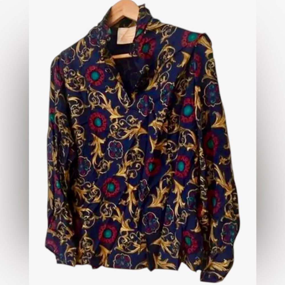 Pendleton Navy Gold Floral Baroque Blouse Women's Medium Silk Blend